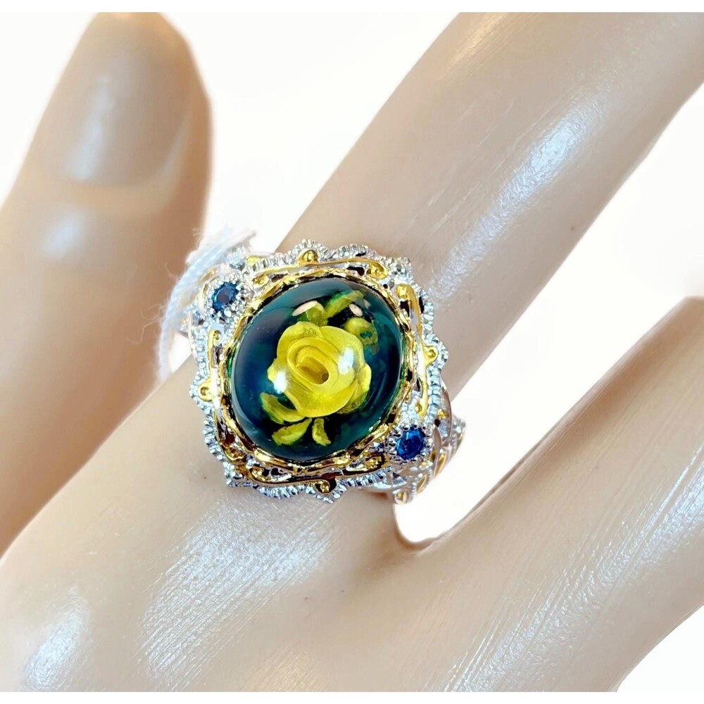 Michael Valitutti Sterling Silver Ring:  Carved Amber, Rose, Two Tone, Size 7